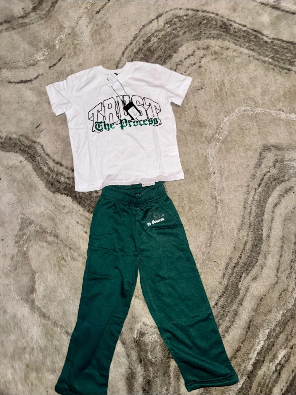 Fashion Nova Kids White Tee & Green Sweatpants 'The Process' Matching Set